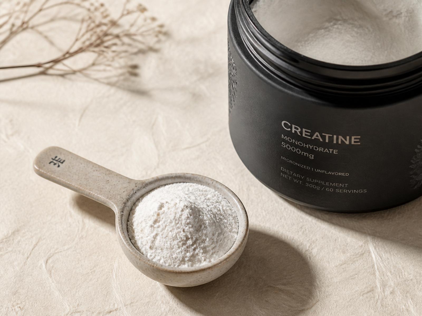 Creatine monohydrate powder in a ceramic measure