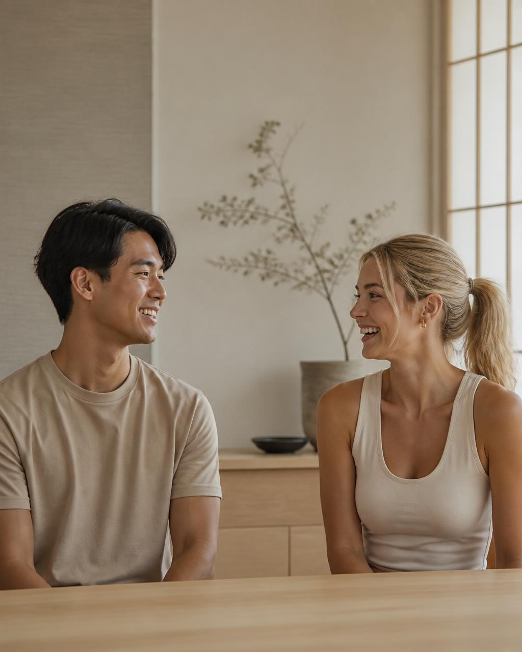 A fit Asian man and a fit blonde woman in their late 20s talking happily in a calm, naturally lit space